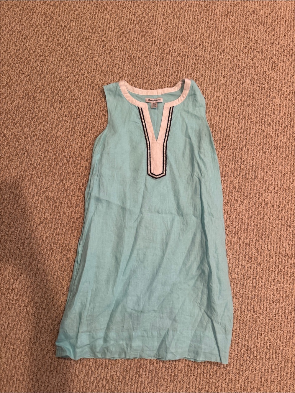 Tommy Bahama Sleeveless Aqua Linen Tunic with White Trim
